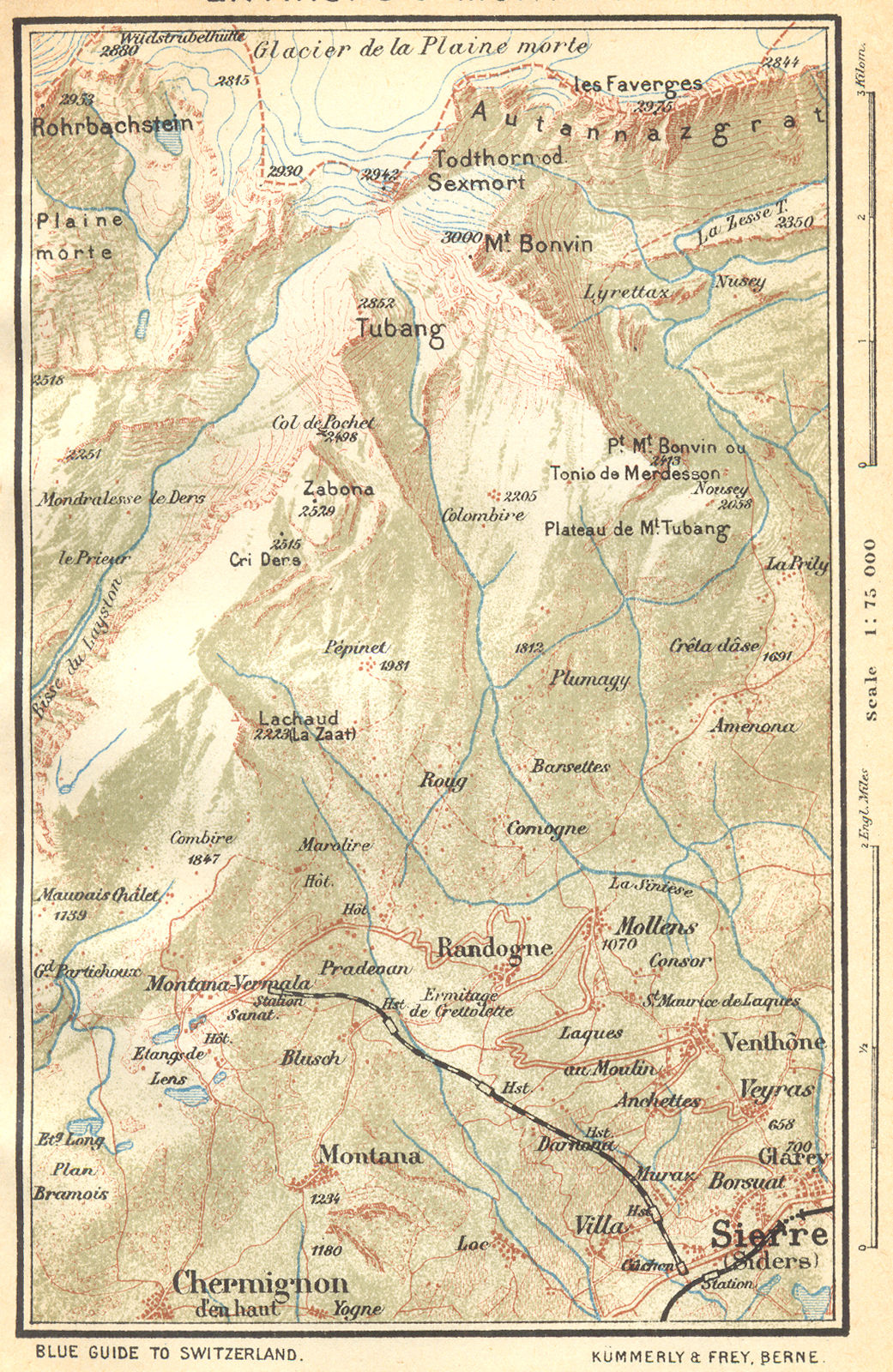 SWITZERLAND. Environs of Montana 1930 old vintage map plan chart